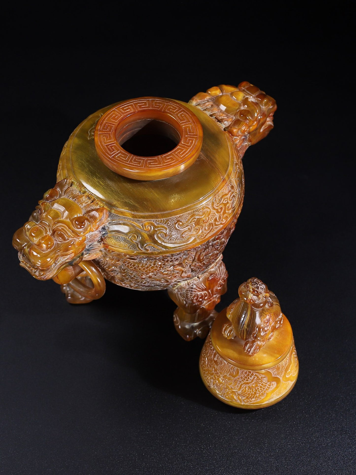 A1567 Vintage Ox Horn Carved 3 Leg Double Rings Incense Burner