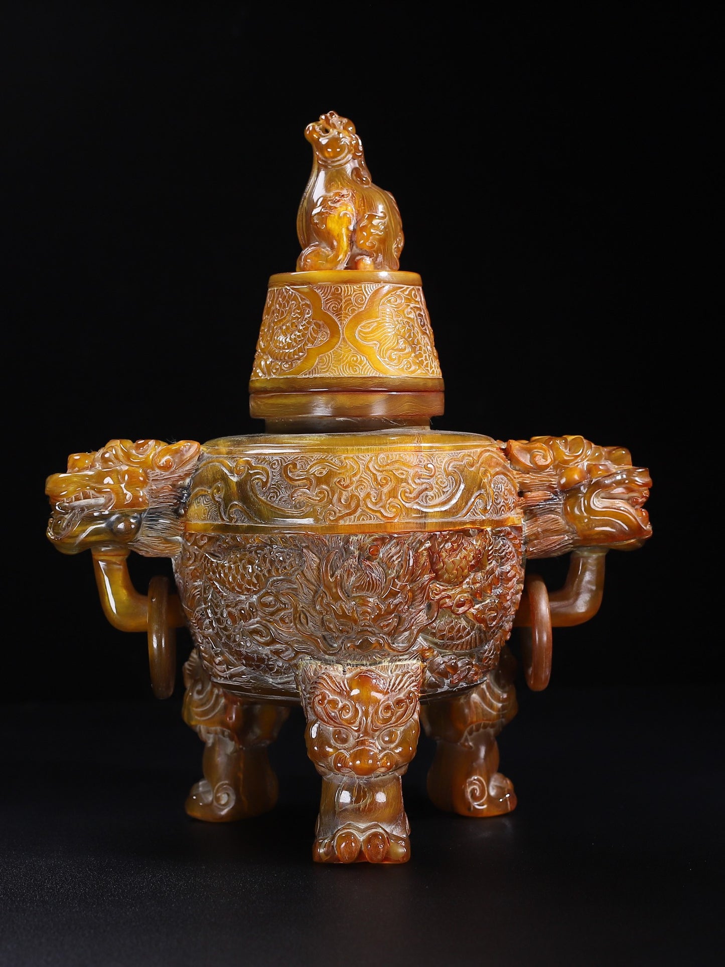 A1567 Vintage Ox Horn Carved 3 Leg Double Rings Incense Burner