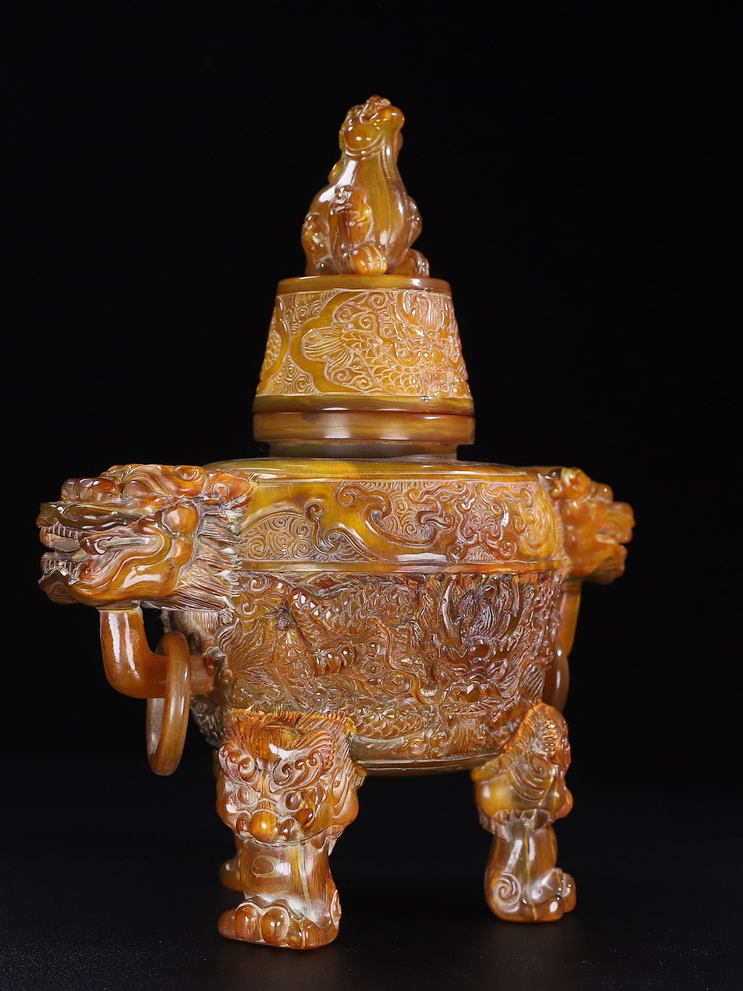 A1567 Vintage Ox Horn Carved 3 Leg Double Rings Incense Burner