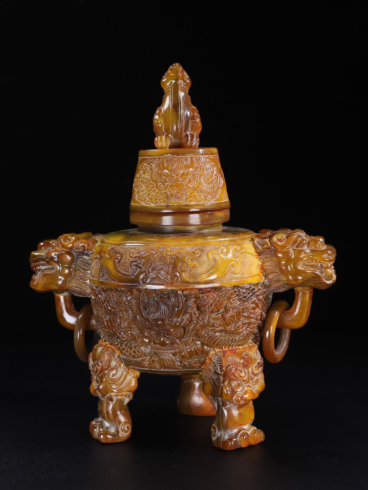 A1567 Vintage Ox Horn Carved 3 Leg Double Rings Incense Burner