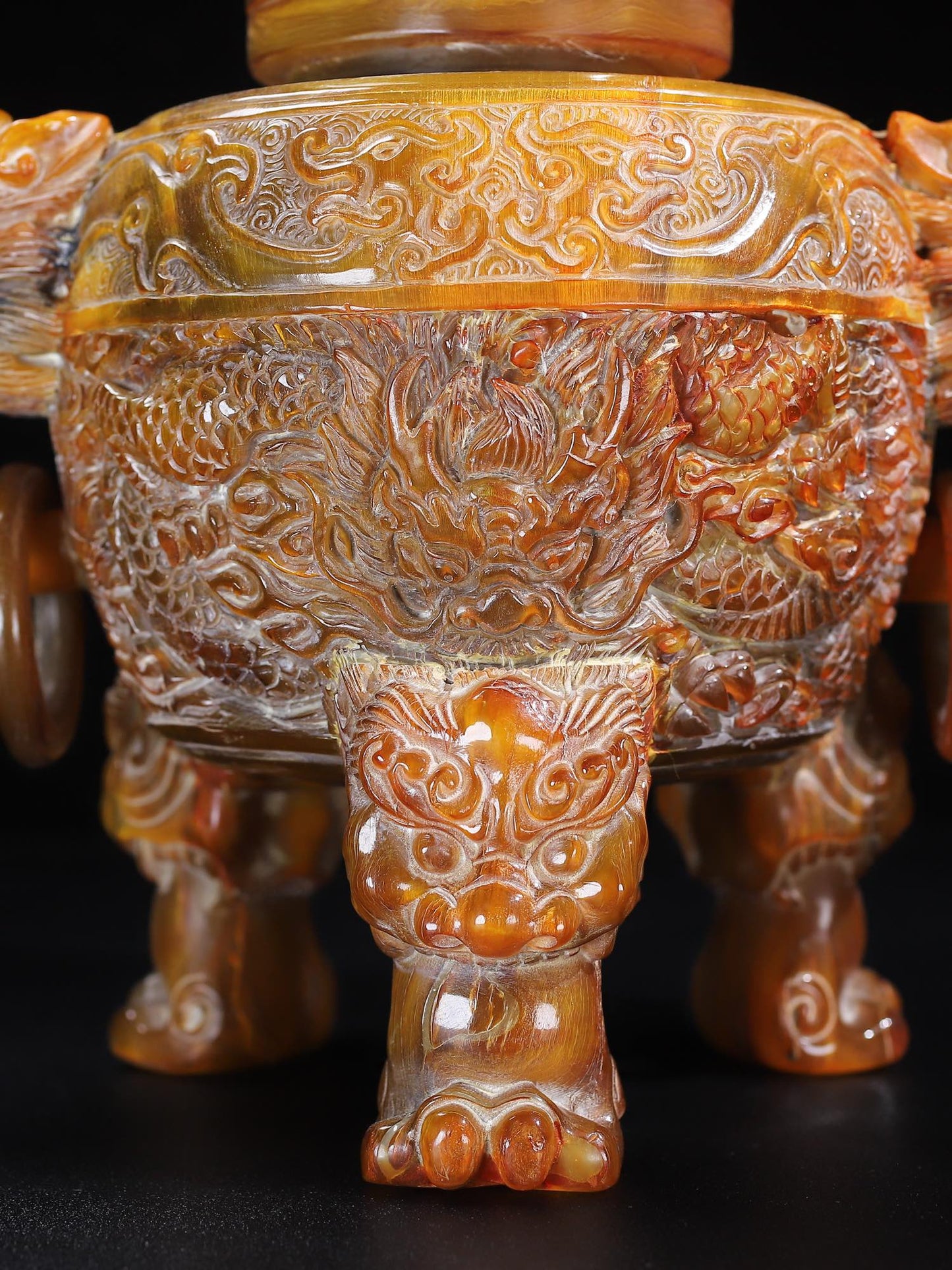 A1567 Vintage Ox Horn Carved 3 Leg Double Rings Incense Burner