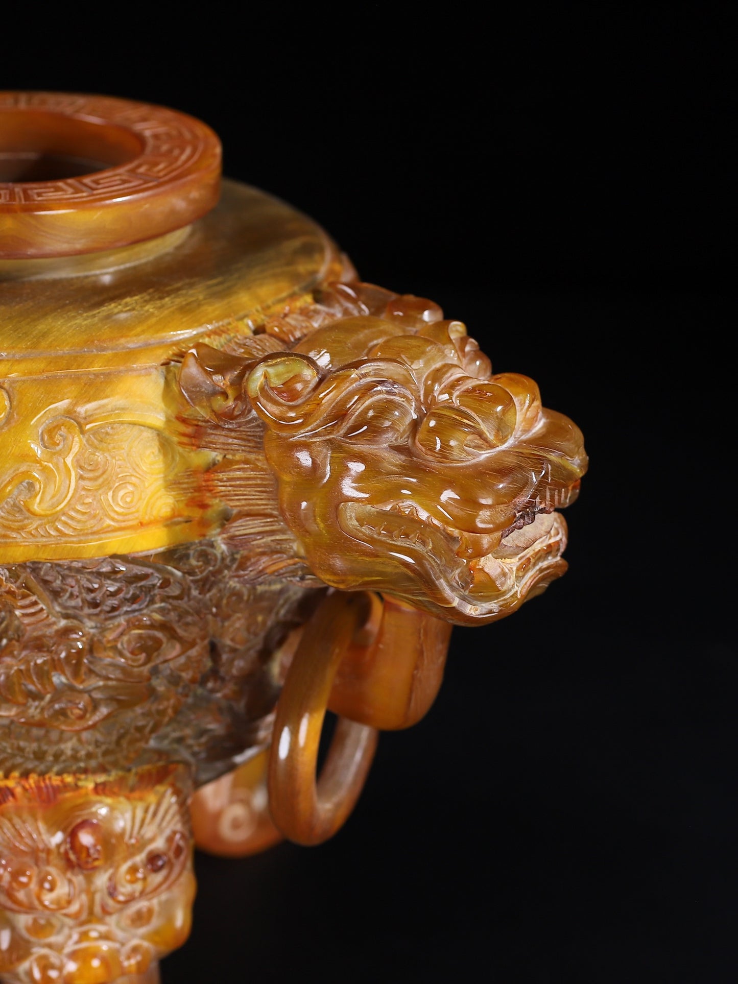 A1567 Vintage Ox Horn Carved 3 Leg Double Rings Incense Burner