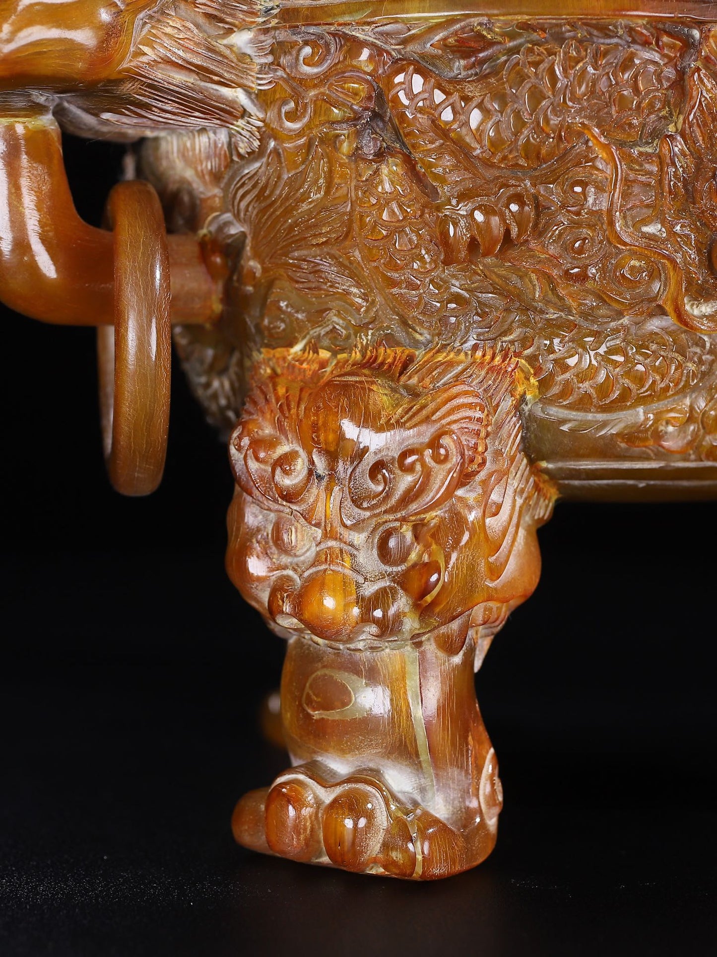 A1567 Vintage Ox Horn Carved 3 Leg Double Rings Incense Burner