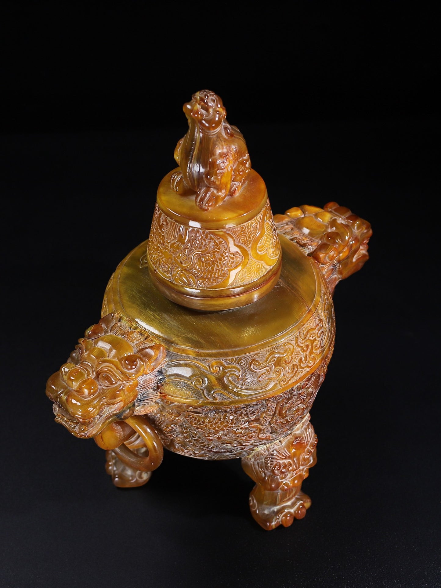 A1567 Vintage Ox Horn Carved 3 Leg Double Rings Incense Burner