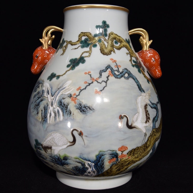 A1582 Chinese Qing Dynasty Gilt Edge Famille Rose Pine Tree & Crane Design Porcelain Jar