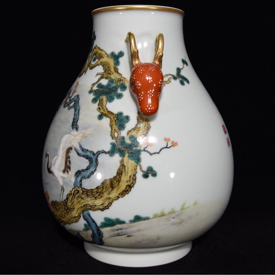 A1582 Chinese Qing Dynasty Gilt Edge Famille Rose Pine Tree & Crane Design Porcelain Jar