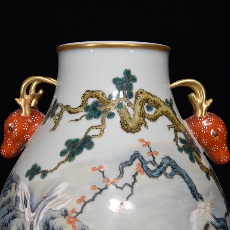 A1582 Chinese Qing Dynasty Gilt Edge Famille Rose Pine Tree & Crane Design Porcelain Jar