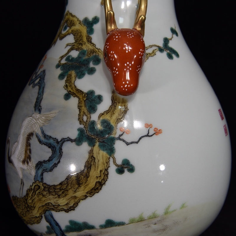 A1582 Chinese Qing Dynasty Gilt Edge Famille Rose Pine Tree & Crane Design Porcelain Jar