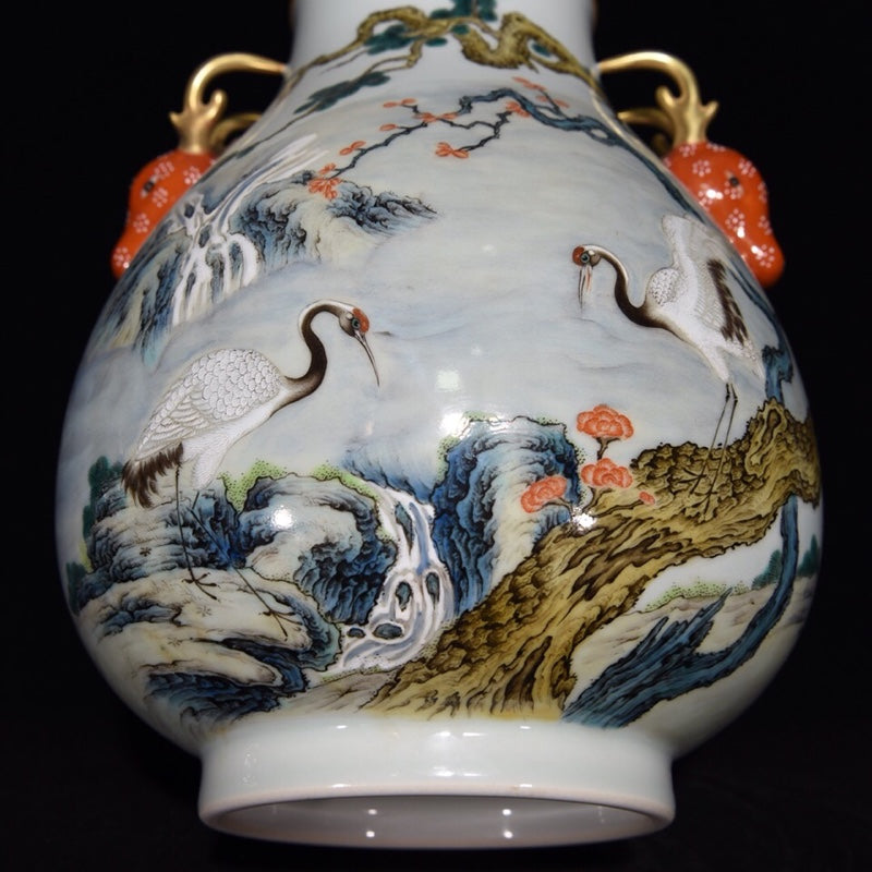 A1582 Chinese Qing Dynasty Gilt Edge Famille Rose Pine Tree & Crane Design Porcelain Jar