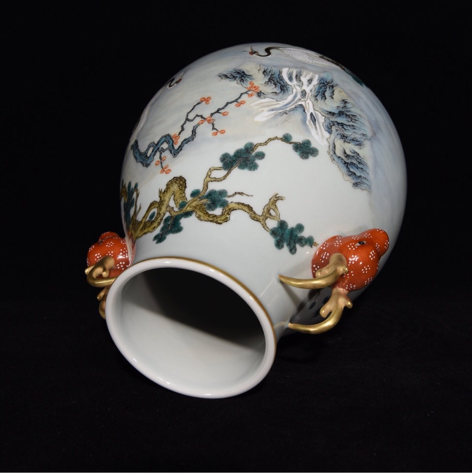 A1582 Chinese Qing Dynasty Gilt Edge Famille Rose Pine Tree & Crane Design Porcelain Jar