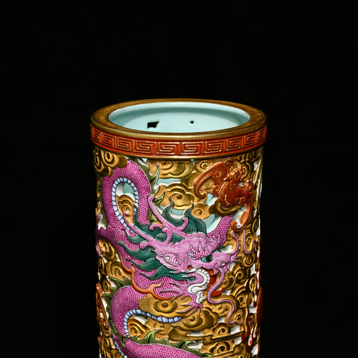 A1592 A Pair Superb Chinese Qing Dynasty Gilt Gold Famille Rose Clouds Dragon Design Porcelain Incense Burner