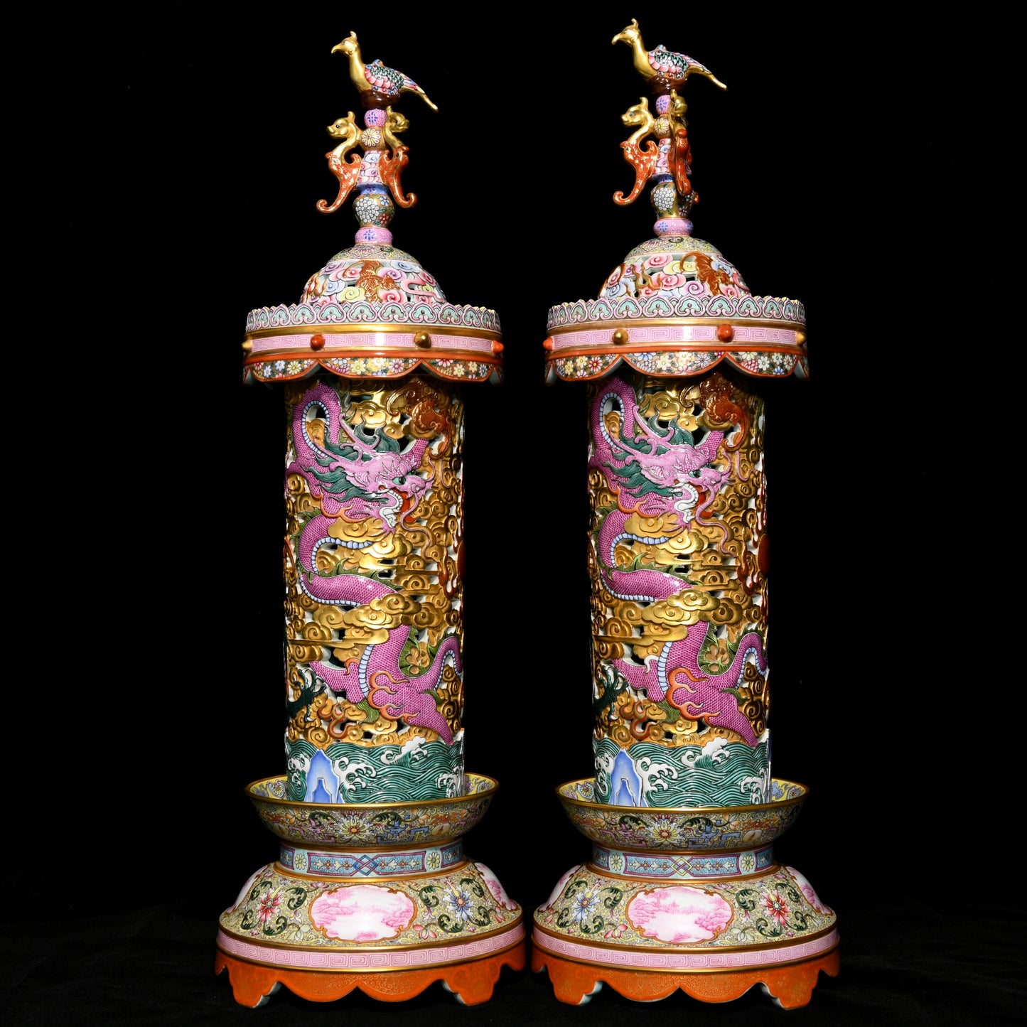 A1592 A Pair Superb Chinese Qing Dynasty Gilt Gold Famille Rose Clouds Dragon Design Porcelain Incense Burner