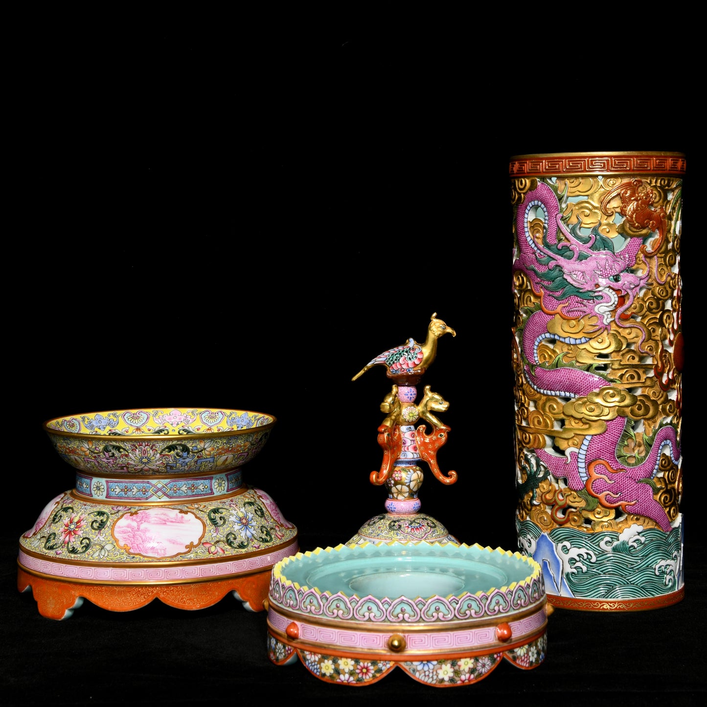 A1592 A Pair Superb Chinese Qing Dynasty Gilt Gold Famille Rose Clouds Dragon Design Porcelain Incense Burner