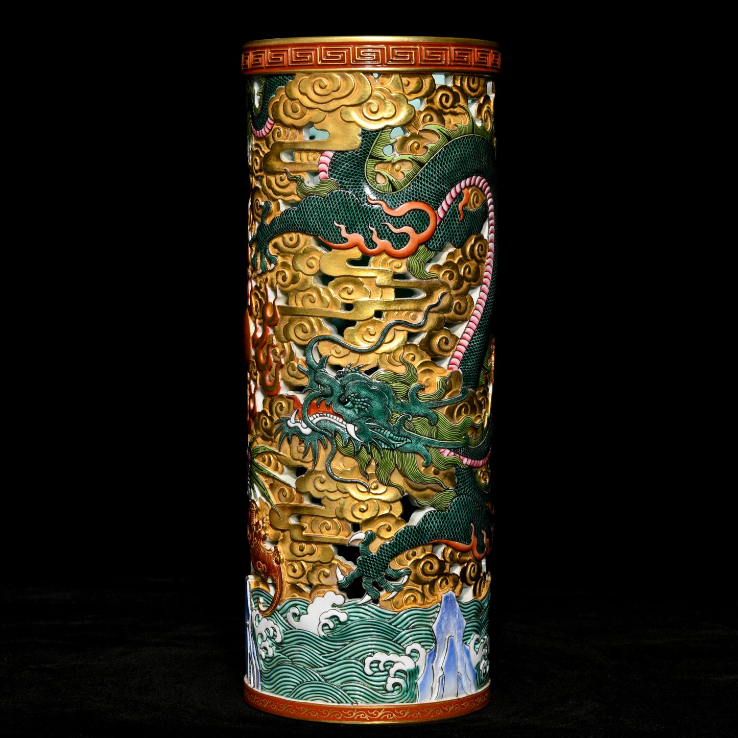 A1592 A Pair Superb Chinese Qing Dynasty Gilt Gold Famille Rose Clouds Dragon Design Porcelain Incense Burner