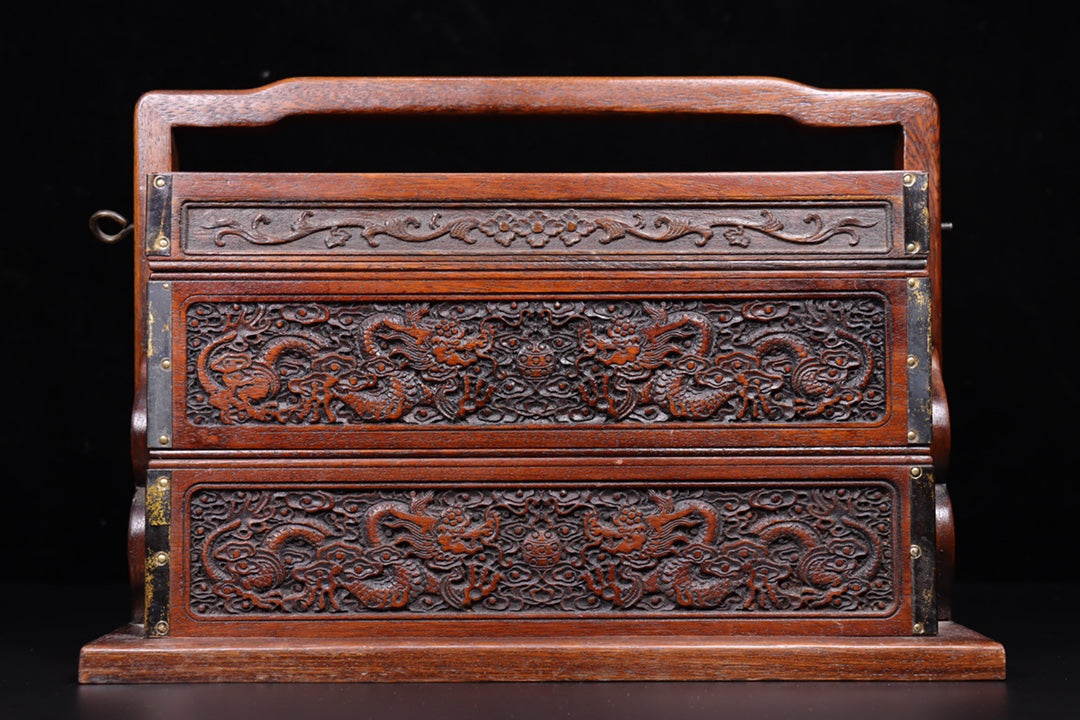A1622 A Set Superb Chinese Hetian Jade Carved Fortune Beast Statue w Wood Handle Box