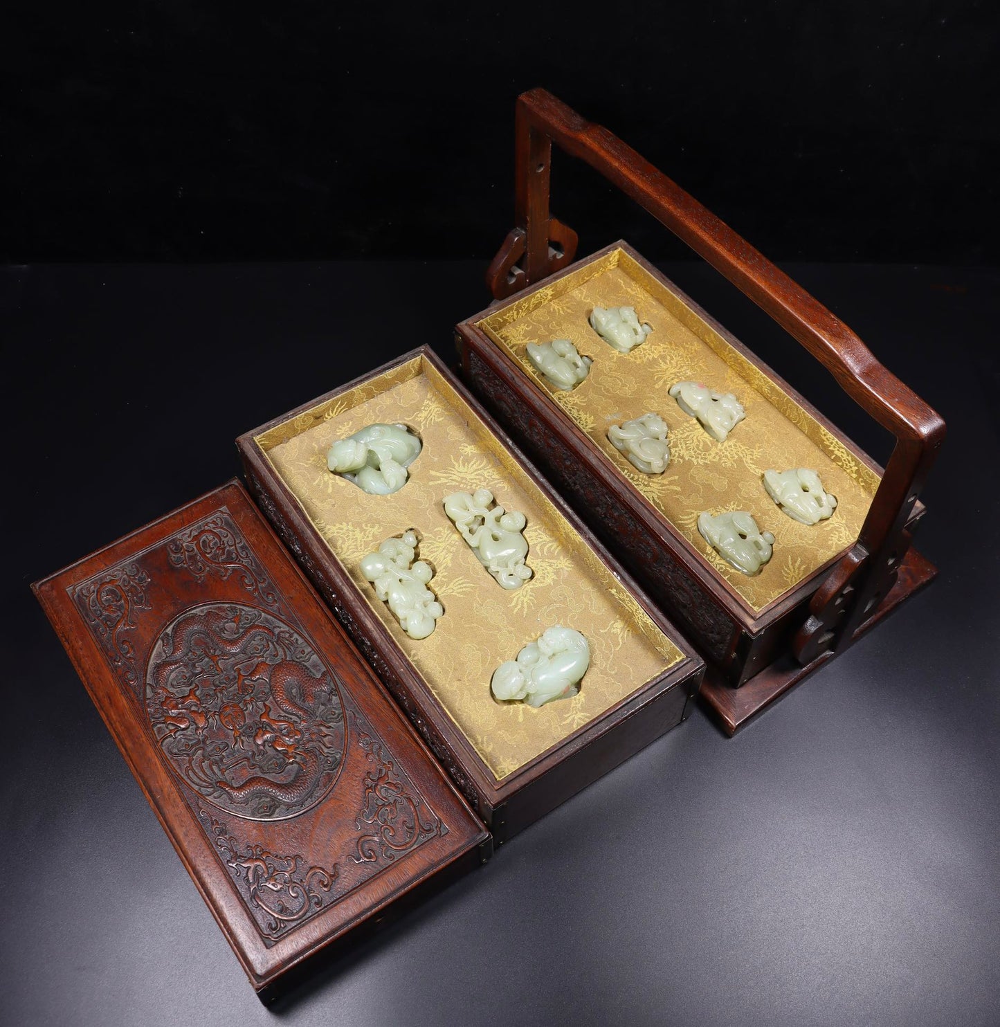 A1622 A Set Superb Chinese Hetian Jade Carved Fortune Beast Statue w Wood Handle Box