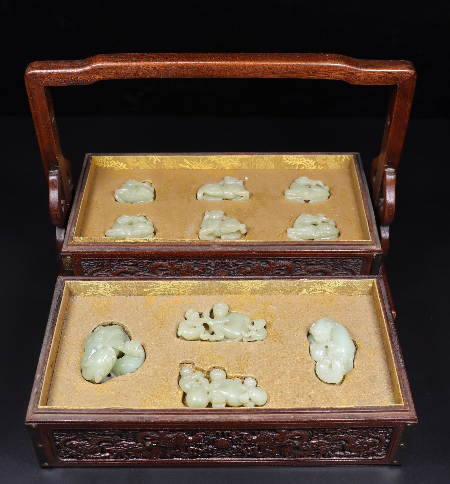 A1622 A Set Superb Chinese Hetian Jade Carved Fortune Beast Statue w Wood Handle Box