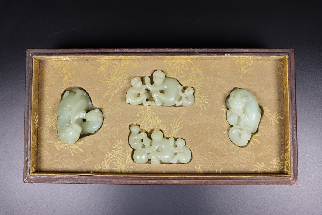 A1622 A Set Superb Chinese Hetian Jade Carved Fortune Beast Statue w Wood Handle Box