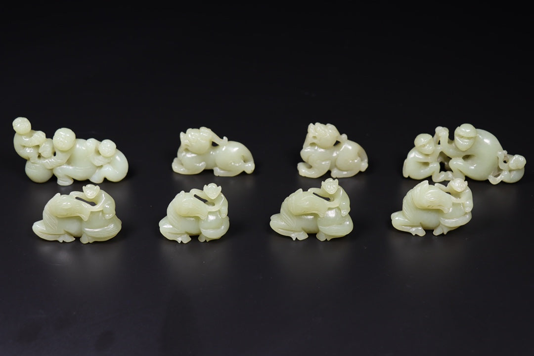 A1622 A Set Superb Chinese Hetian Jade Carved Fortune Beast Statue w Wood Handle Box