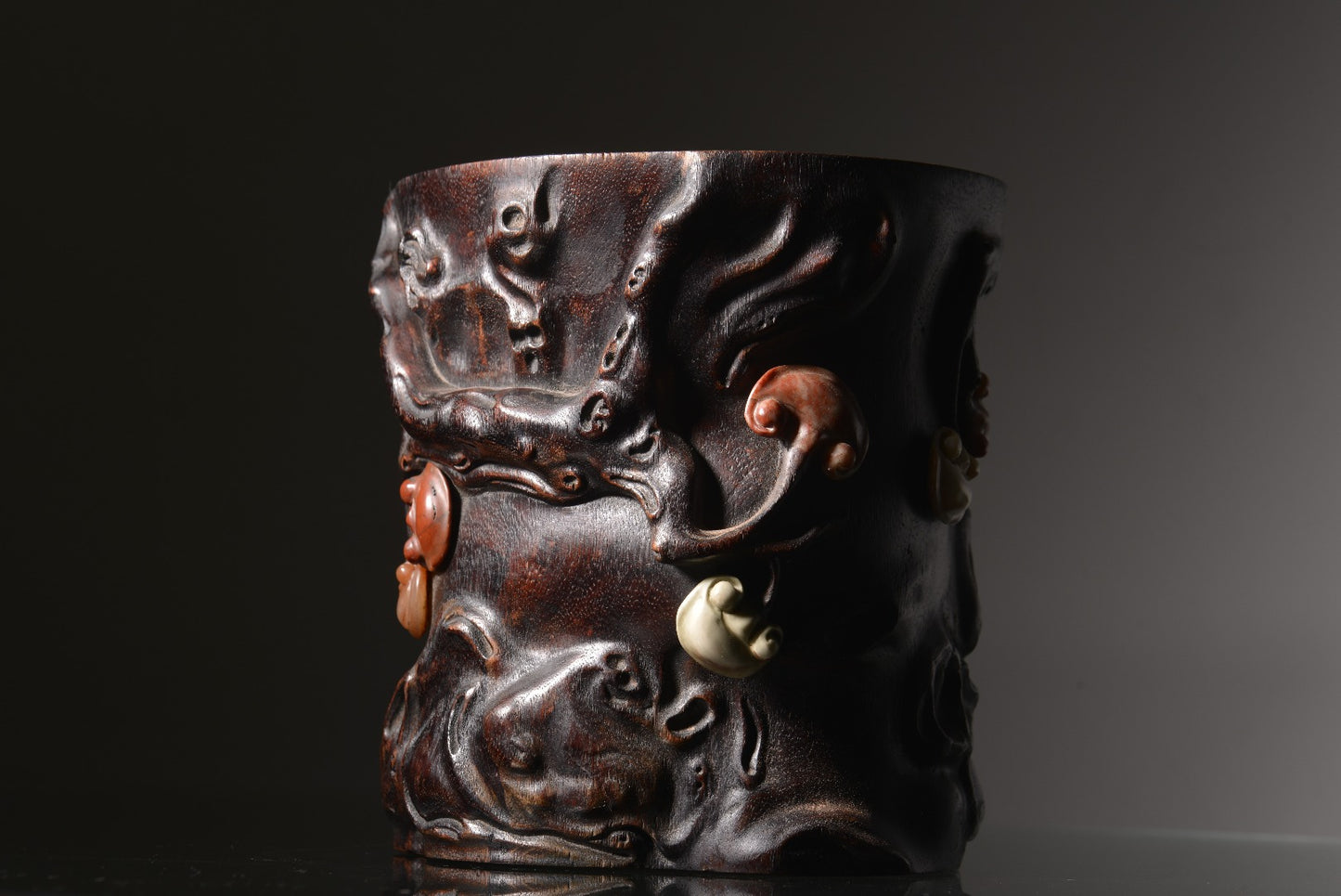 A1627 Chinese Chenxiang Wood Inlay Shoushan Stone Ruyi Brush Pot