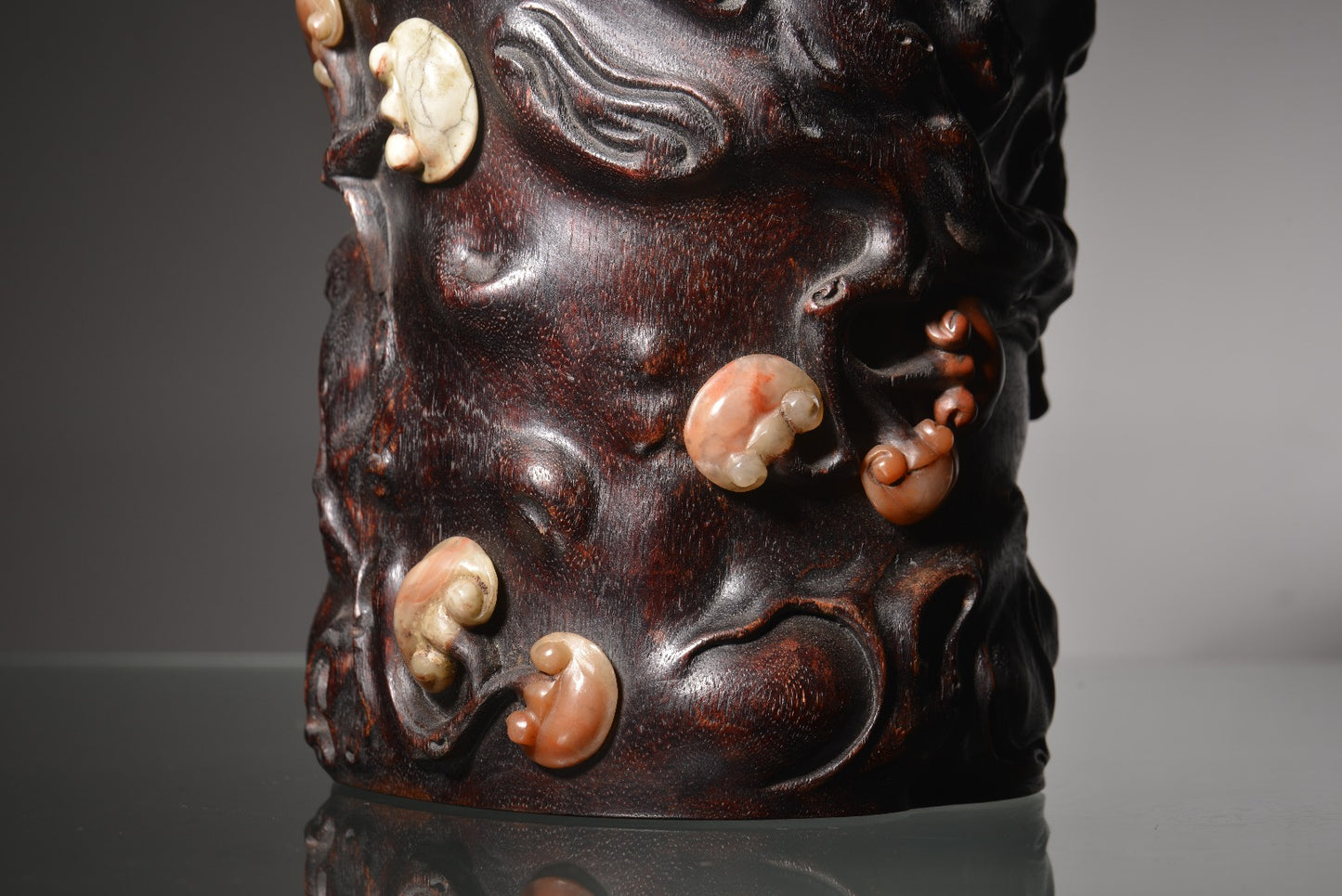 A1627 Chinese Chenxiang Wood Inlay Shoushan Stone Ruyi Brush Pot