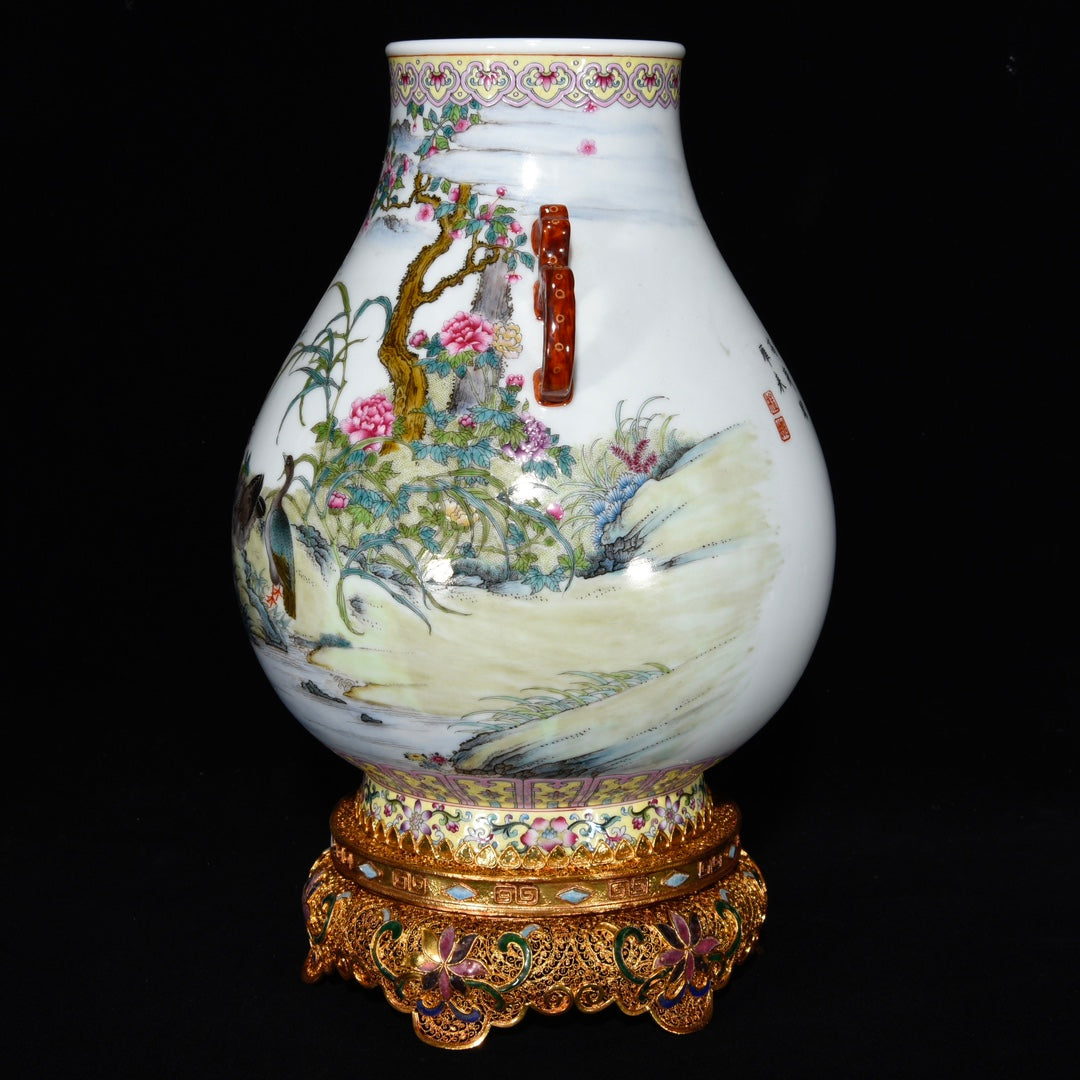 A1630 Chinese Qing Dynasty Famille Rose Enamel Flowers Bird Design Porcelain Jar w Gold Wire Enamel Base