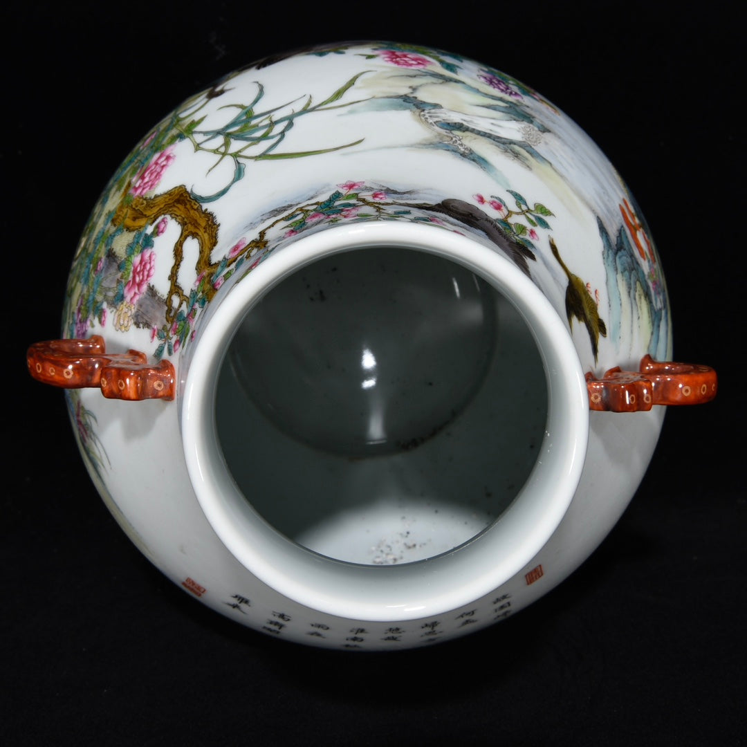A1630 Chinese Qing Dynasty Famille Rose Enamel Flowers Bird Design Porcelain Jar w Gold Wire Enamel Base