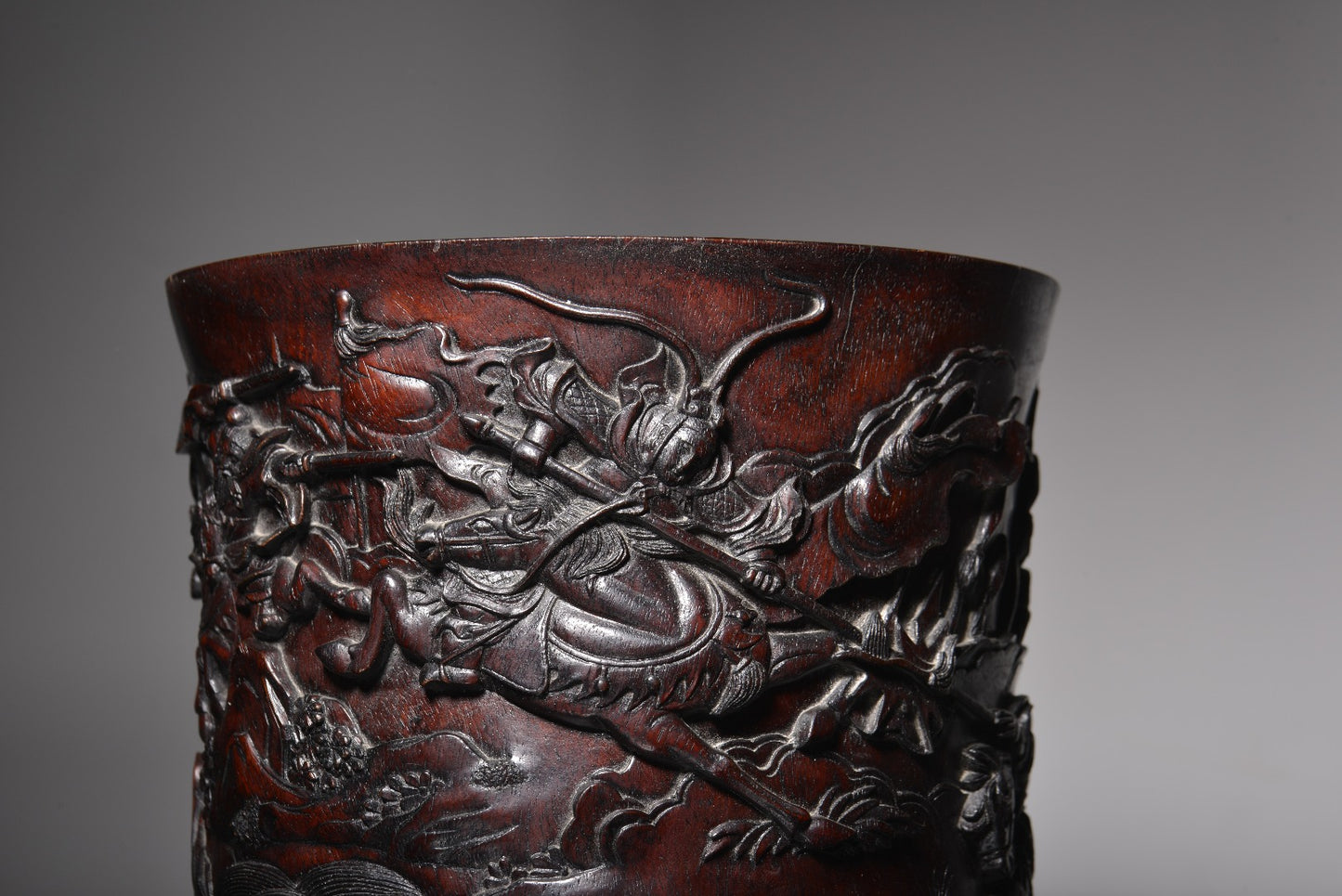 A1641 Antique Chinese Zitan Wood Low Relief Figure Brush Pot