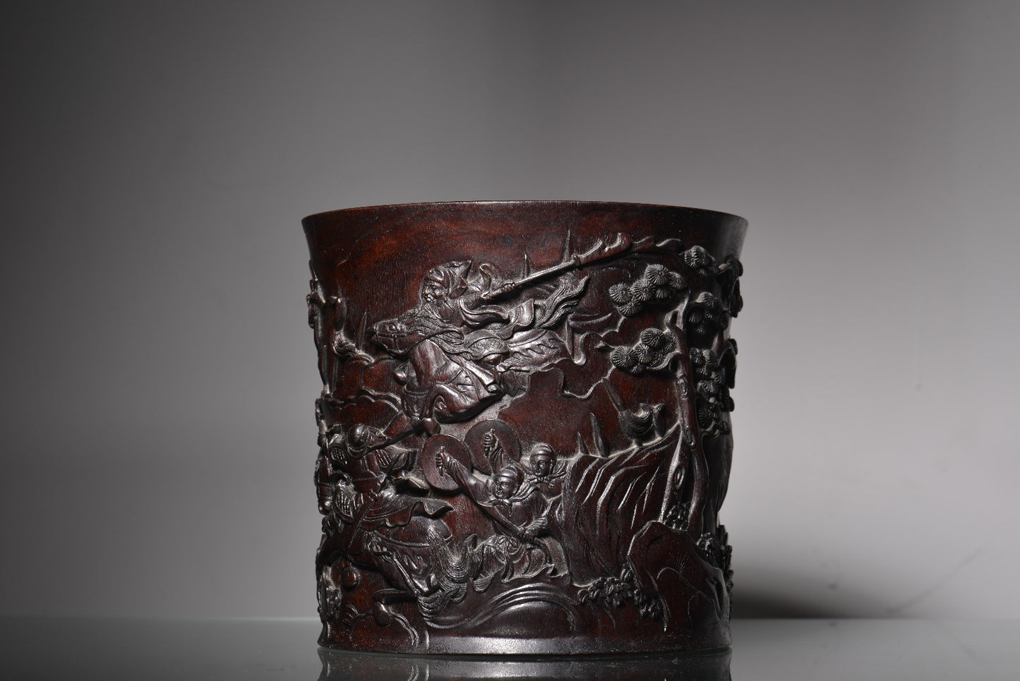 A1641 Antique Chinese Zitan Wood Low Relief Figure Brush Pot