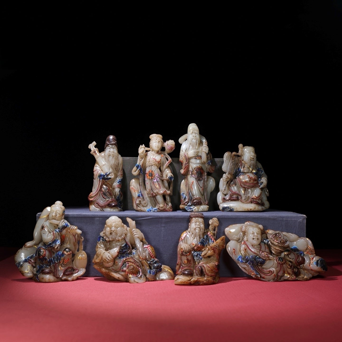 A1642 A Set Chinese Hetian Jade Colored Drawing Eight Taoism Deity Statues