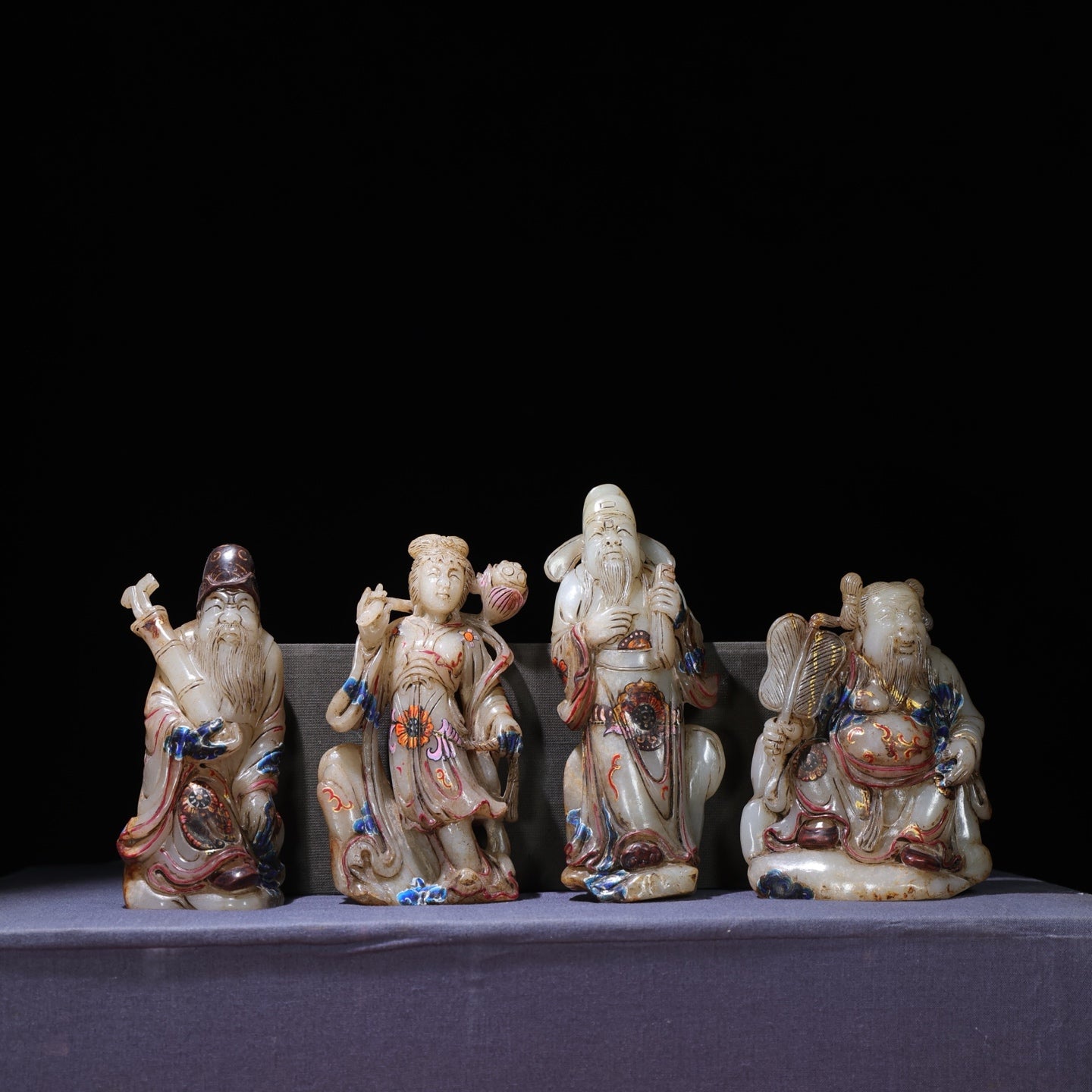 A1642 A Set Chinese Hetian Jade Colored Drawing Eight Taoism Deity Statues