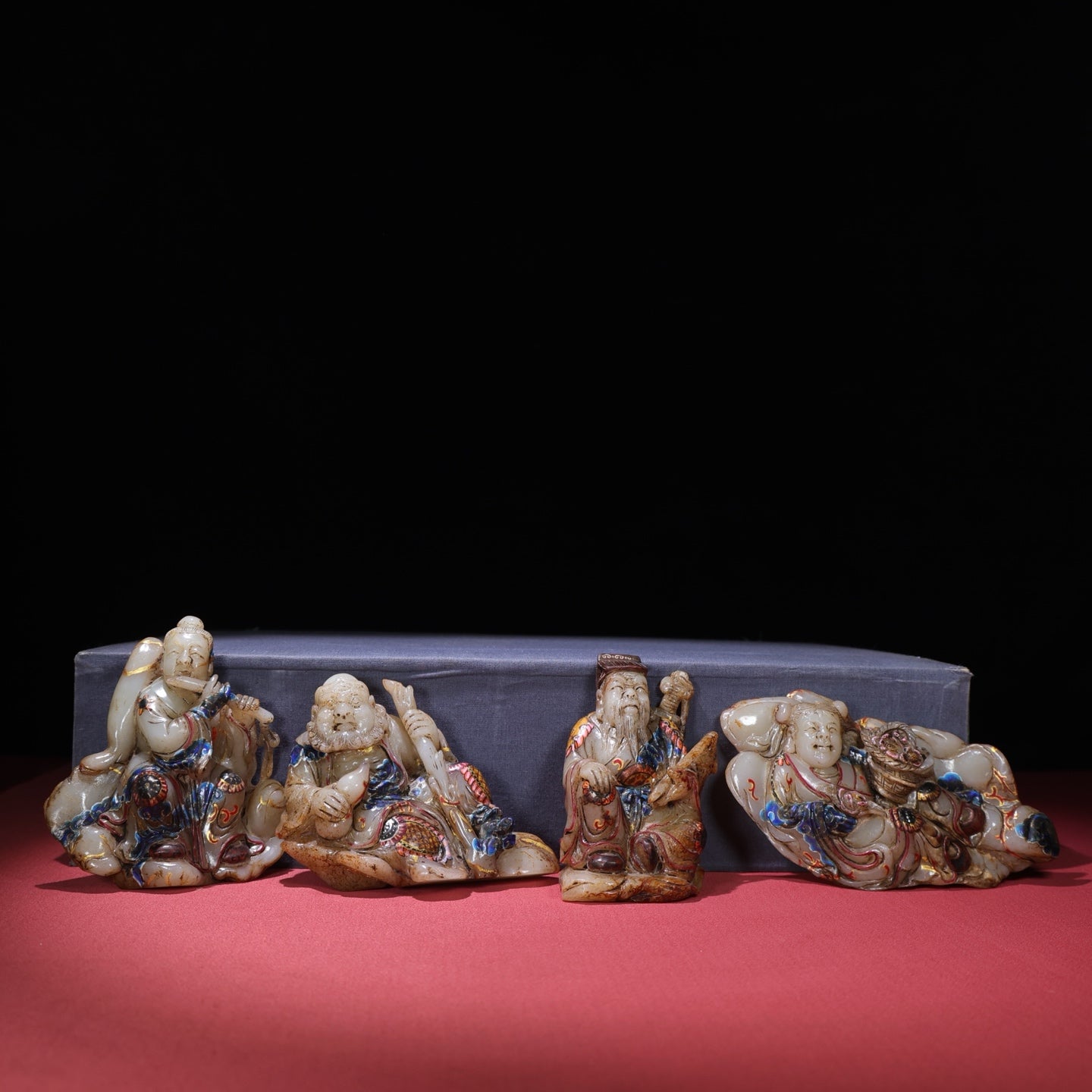 A1642 A Set Chinese Hetian Jade Colored Drawing Eight Taoism Deity Statues