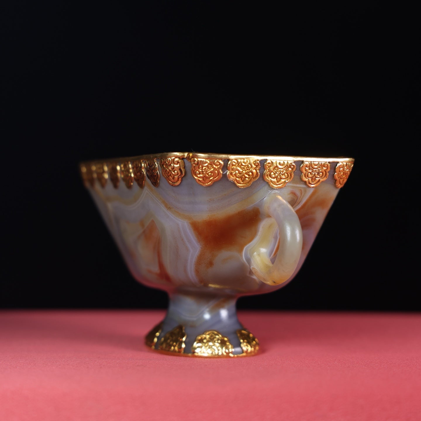 A1645 Chinese Inlaying Gold Edge Agate Double Ear Cup