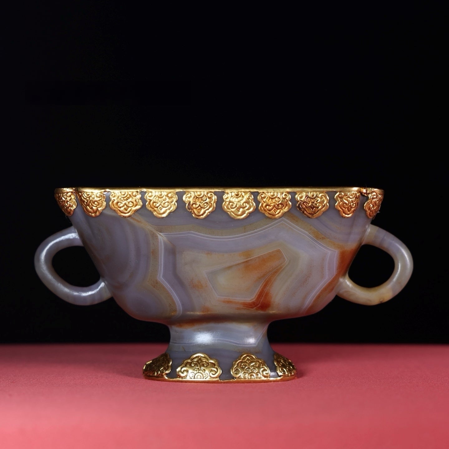 A1645 Chinese Inlaying Gold Edge Agate Double Ear Cup