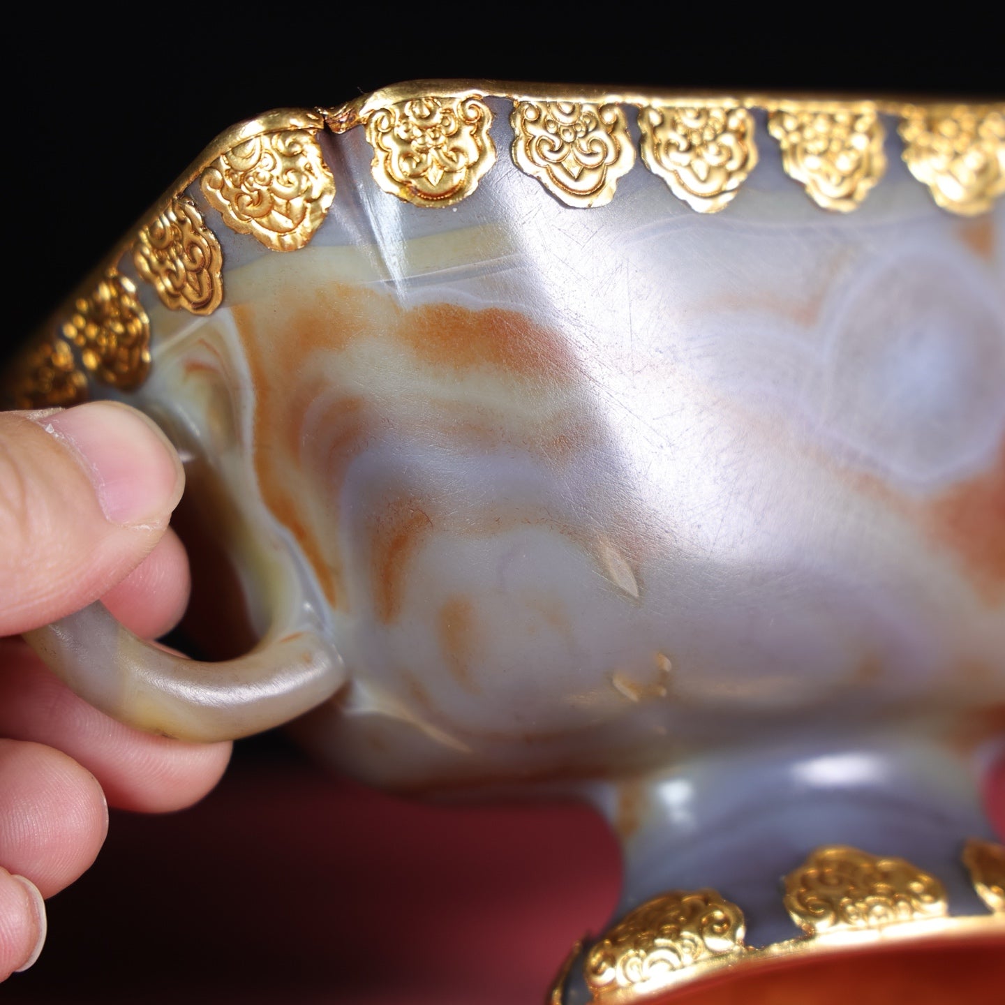 A1645 Chinese Inlaying Gold Edge Agate Double Ear Cup