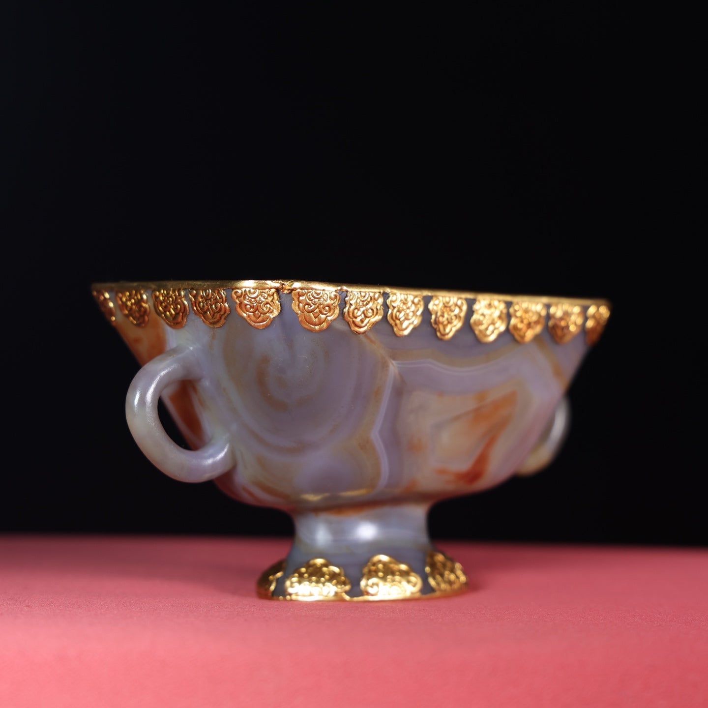 A1645 Chinese Inlaying Gold Edge Agate Double Ear Cup