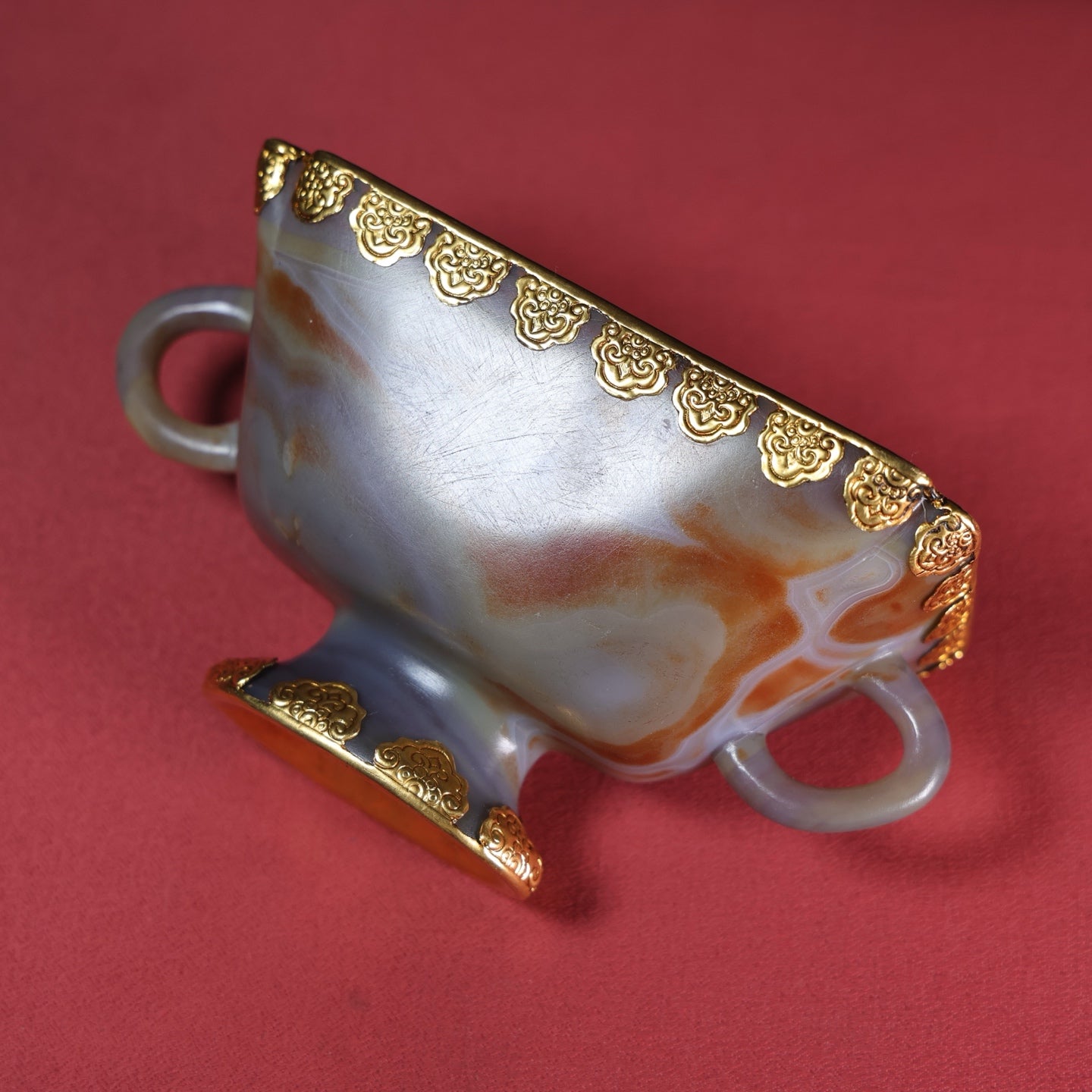 A1645 Chinese Inlaying Gold Edge Agate Double Ear Cup