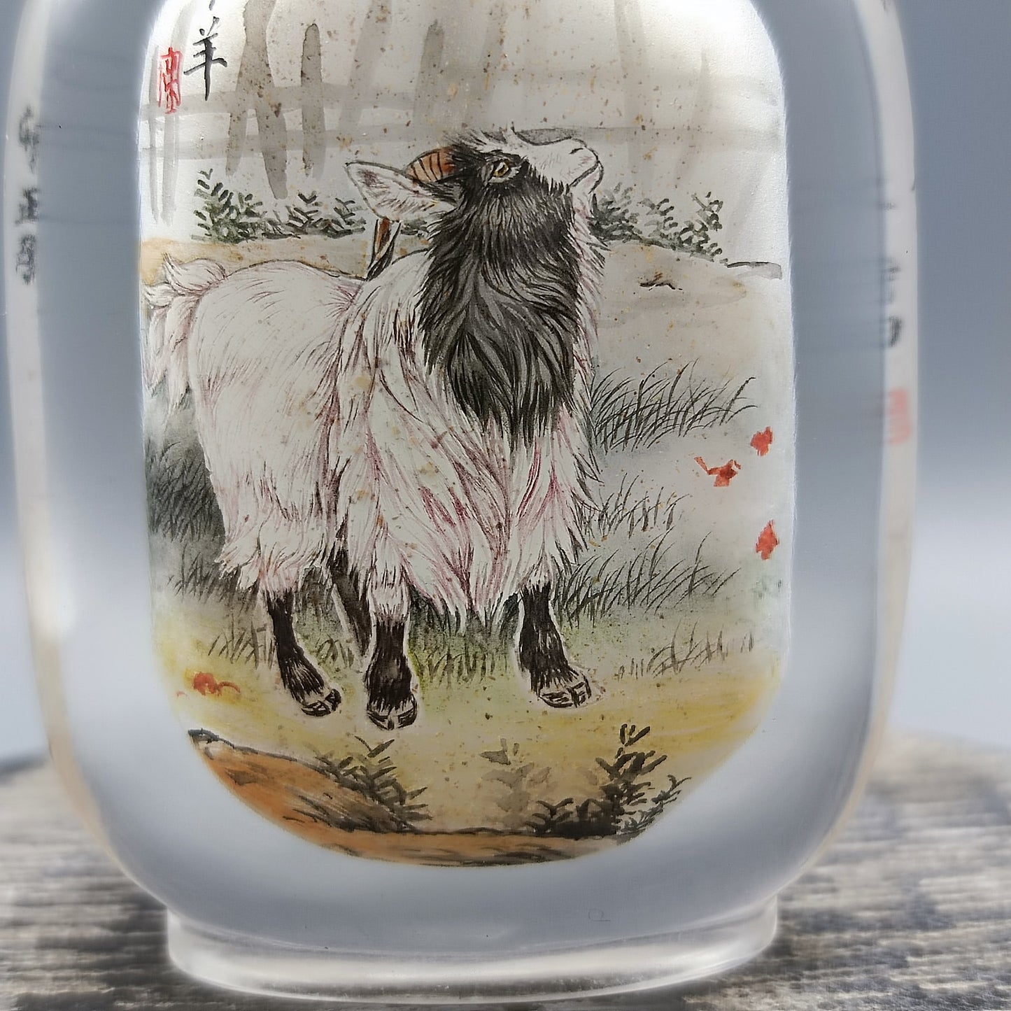 A1654 Old Chinese Peking Glass Inside Painting Fortune Sheep Design Snuff Bottle w Stopper