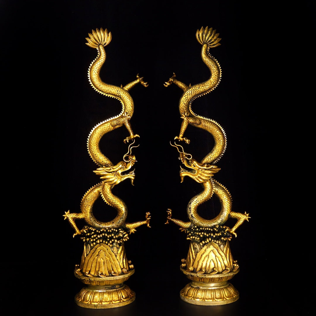A1668 A Set Chinese Gilt Gold Copper Fortune Dragon Statues