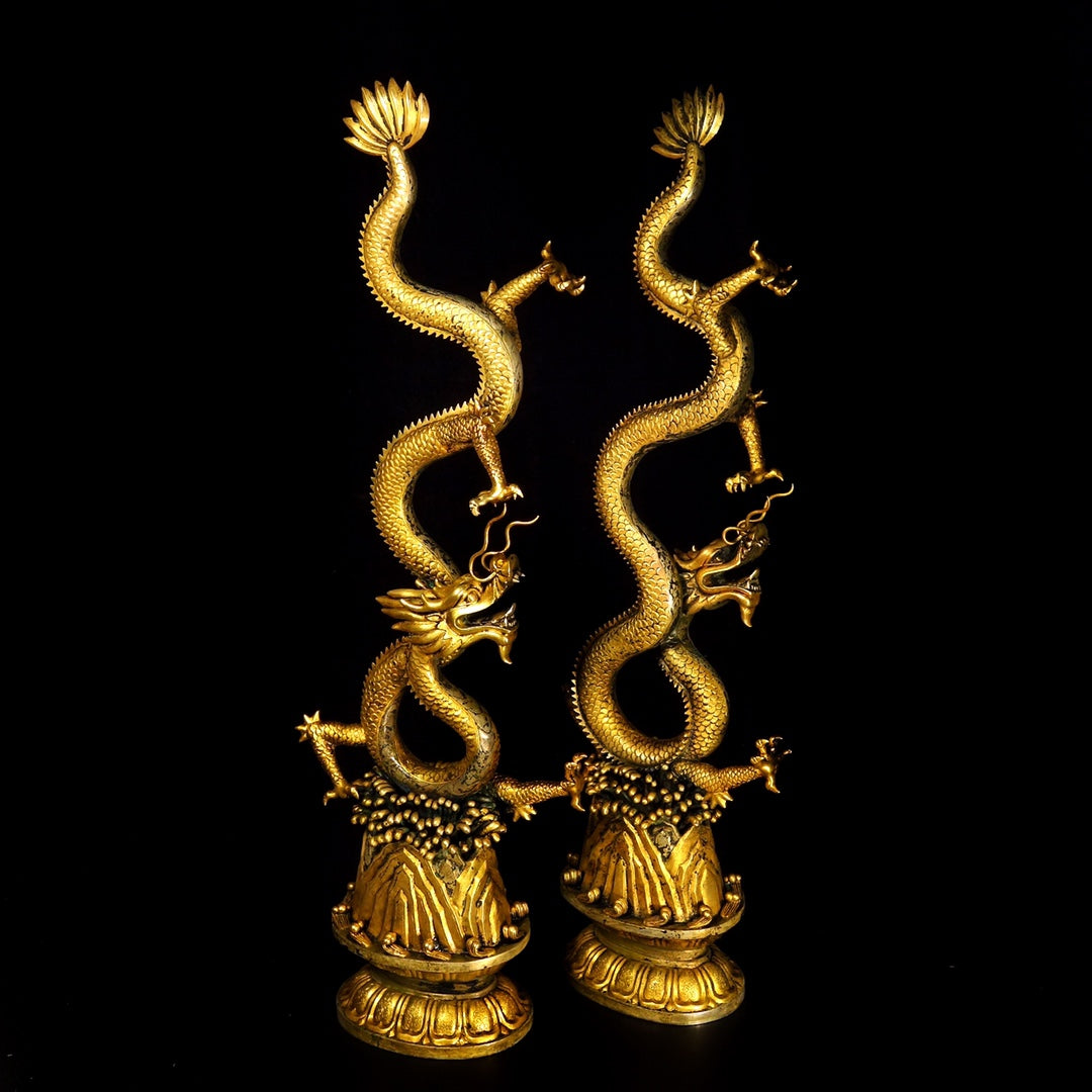 A1668 A Set Chinese Gilt Gold Copper Fortune Dragon Statues