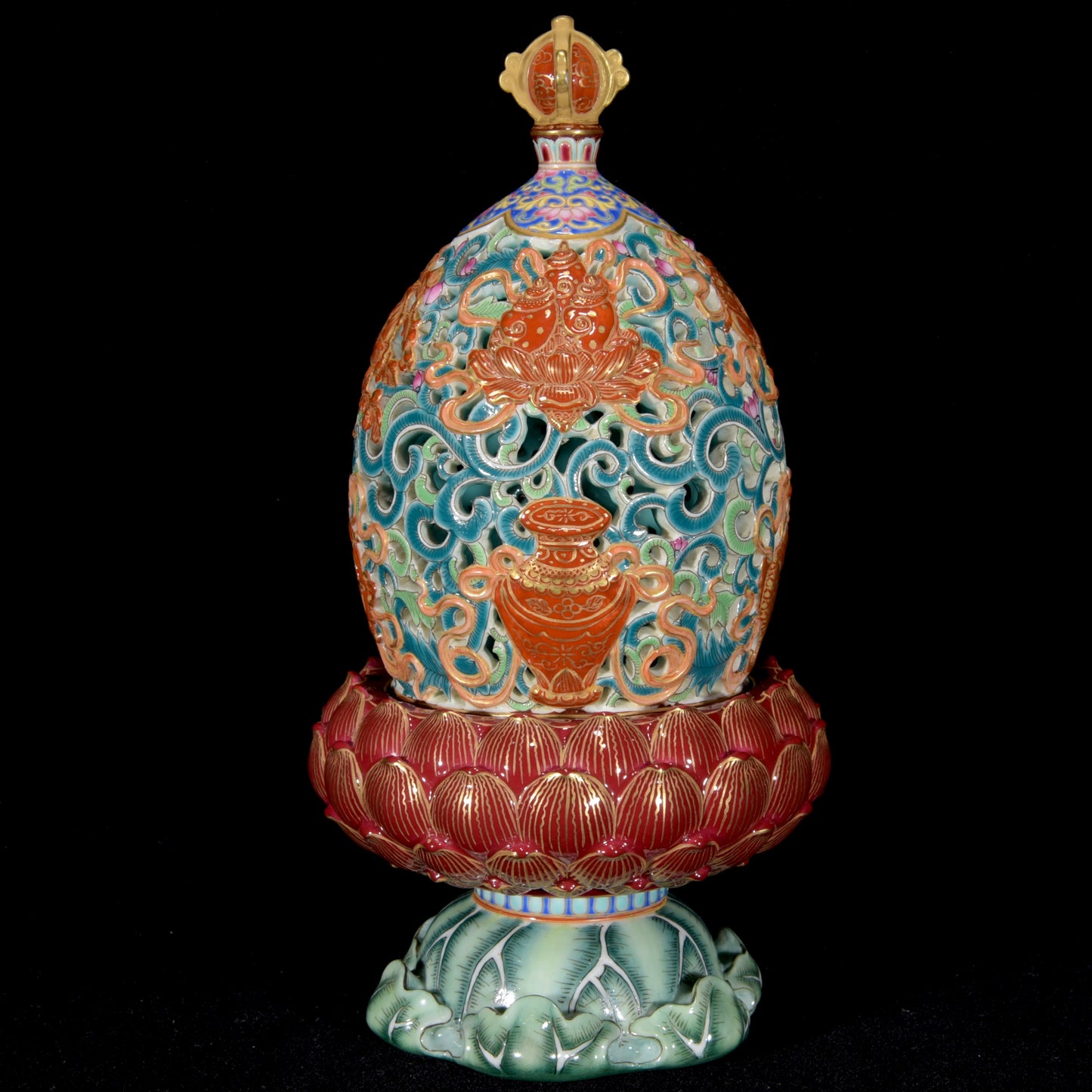 A1677 Chinese Qing Dynasty Gilt Gold Famille Rose Lotus Leaf & Lotus Flower Porcelain Incense Burner