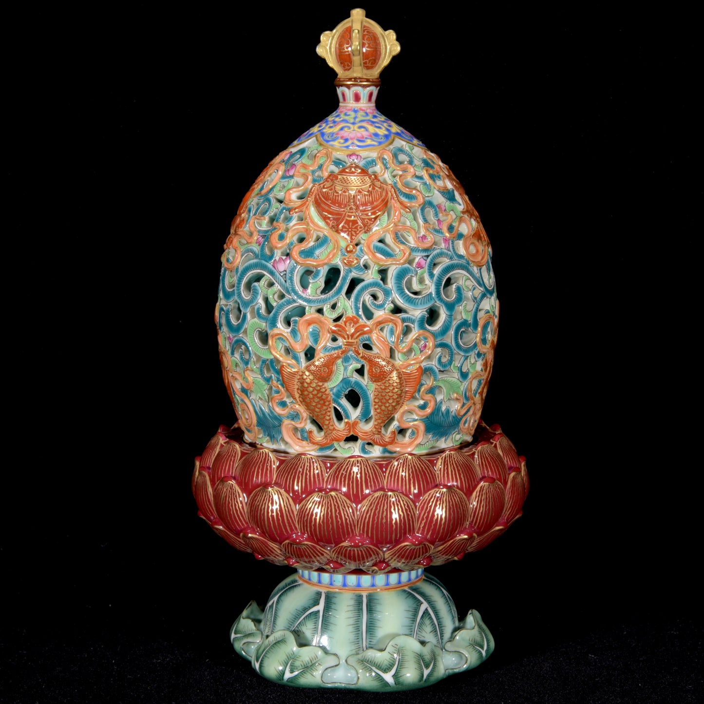 A1677 Chinese Qing Dynasty Gilt Gold Famille Rose Lotus Leaf & Lotus Flower Porcelain Incense Burner