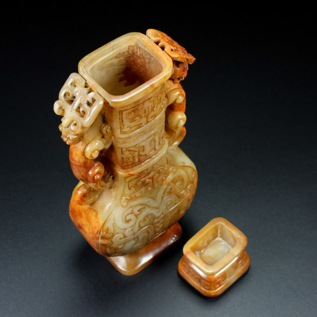 A1685 Superb Old Chinese Hetian Jade Carved Double Beast Vase
