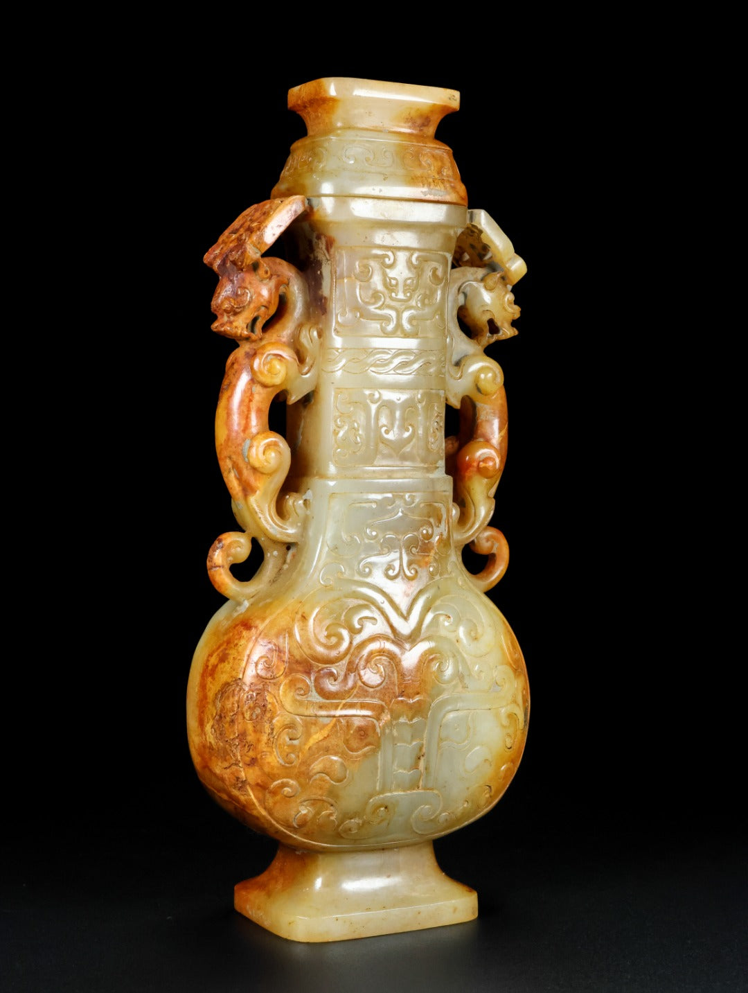A1685 Superb Old Chinese Hetian Jade Carved Double Beast Vase