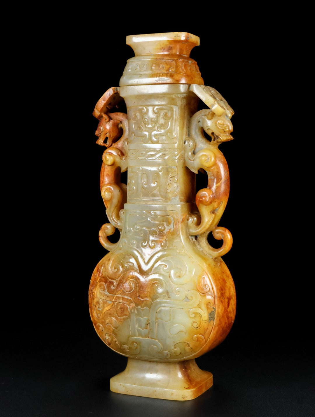 A1685 Superb Old Chinese Hetian Jade Carved Double Beast Vase