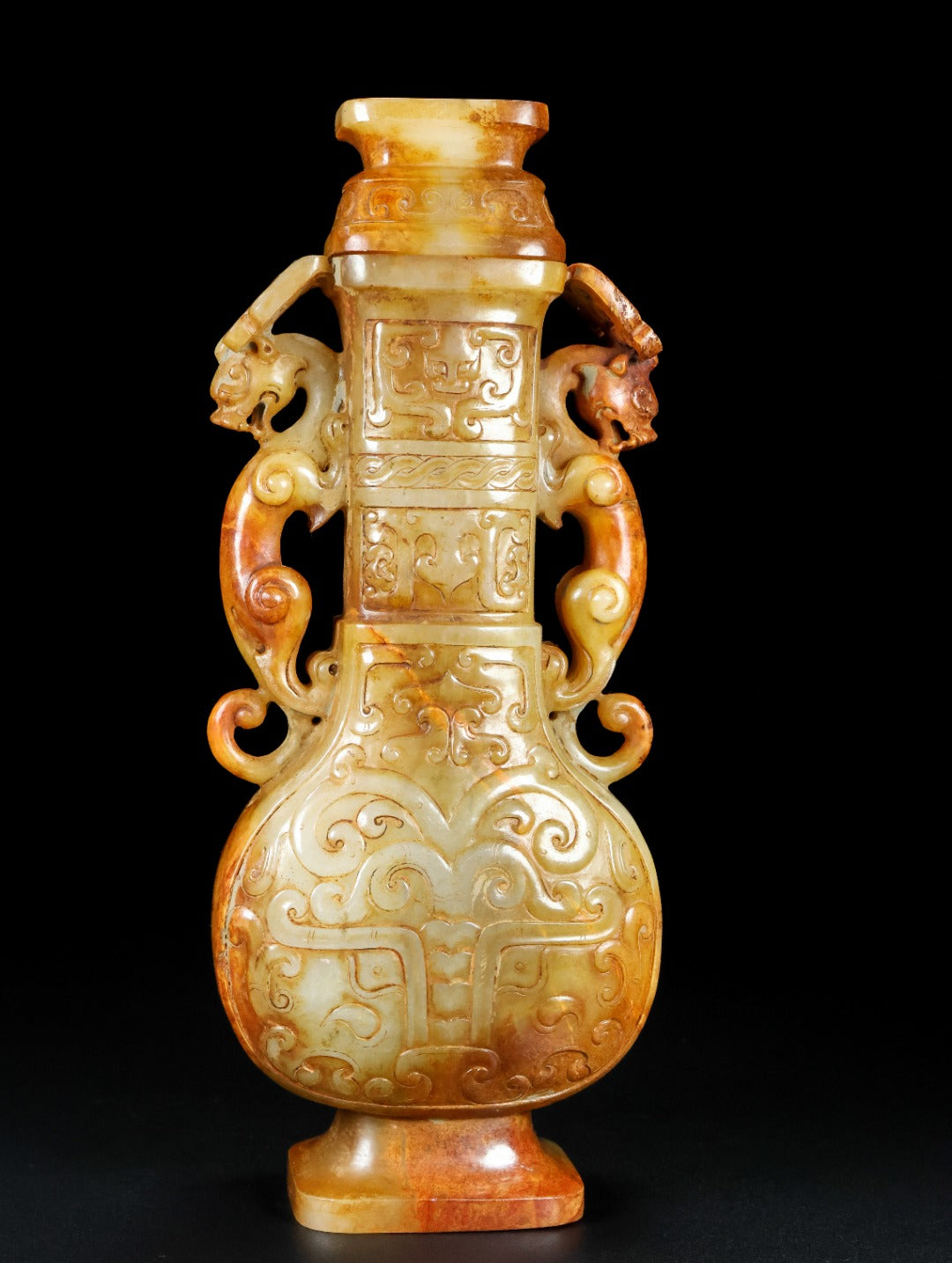 A1685 Superb Old Chinese Hetian Jade Carved Double Beast Vase