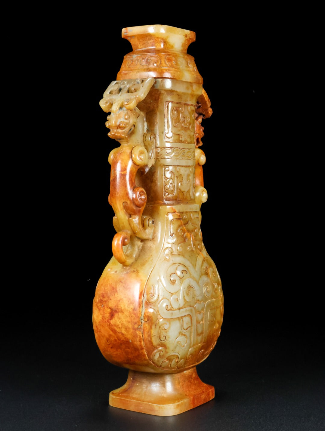 A1685 Superb Old Chinese Hetian Jade Carved Double Beast Vase