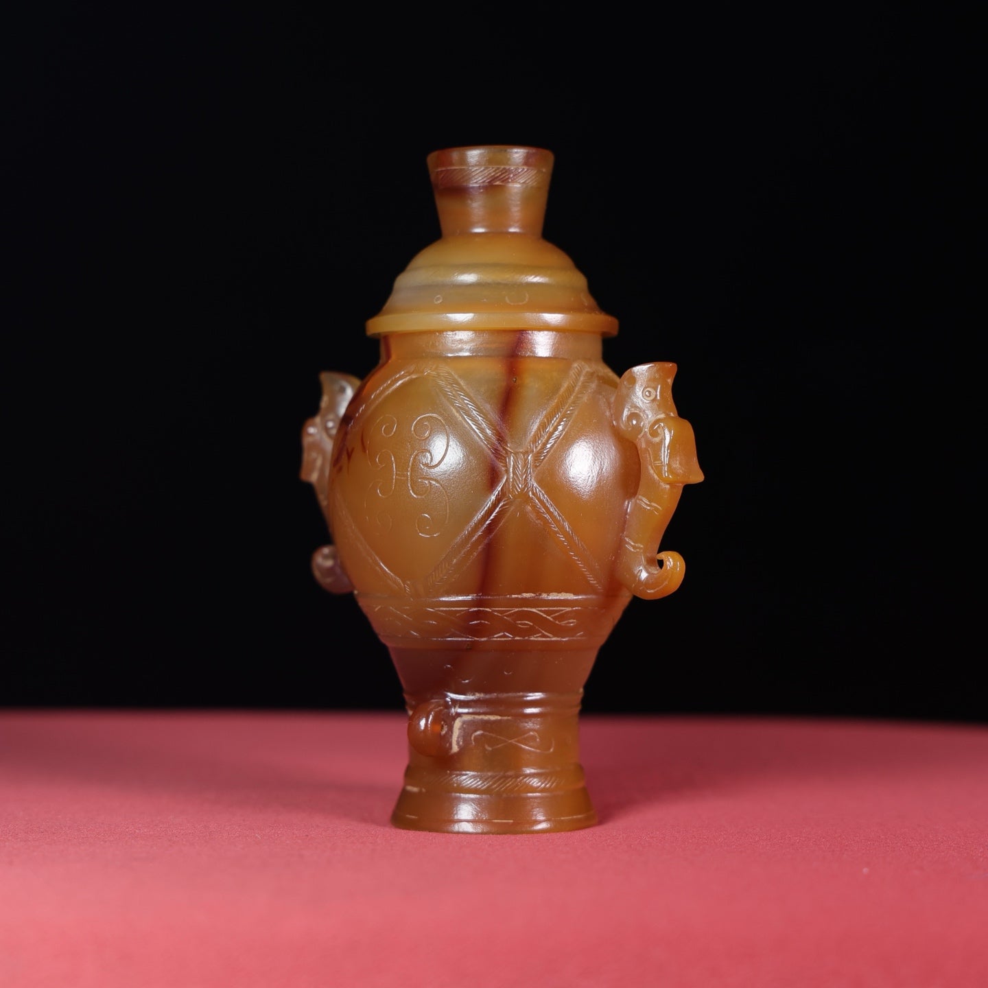 A1701 Vintage Chinese Agate Double Ear Beast Vase