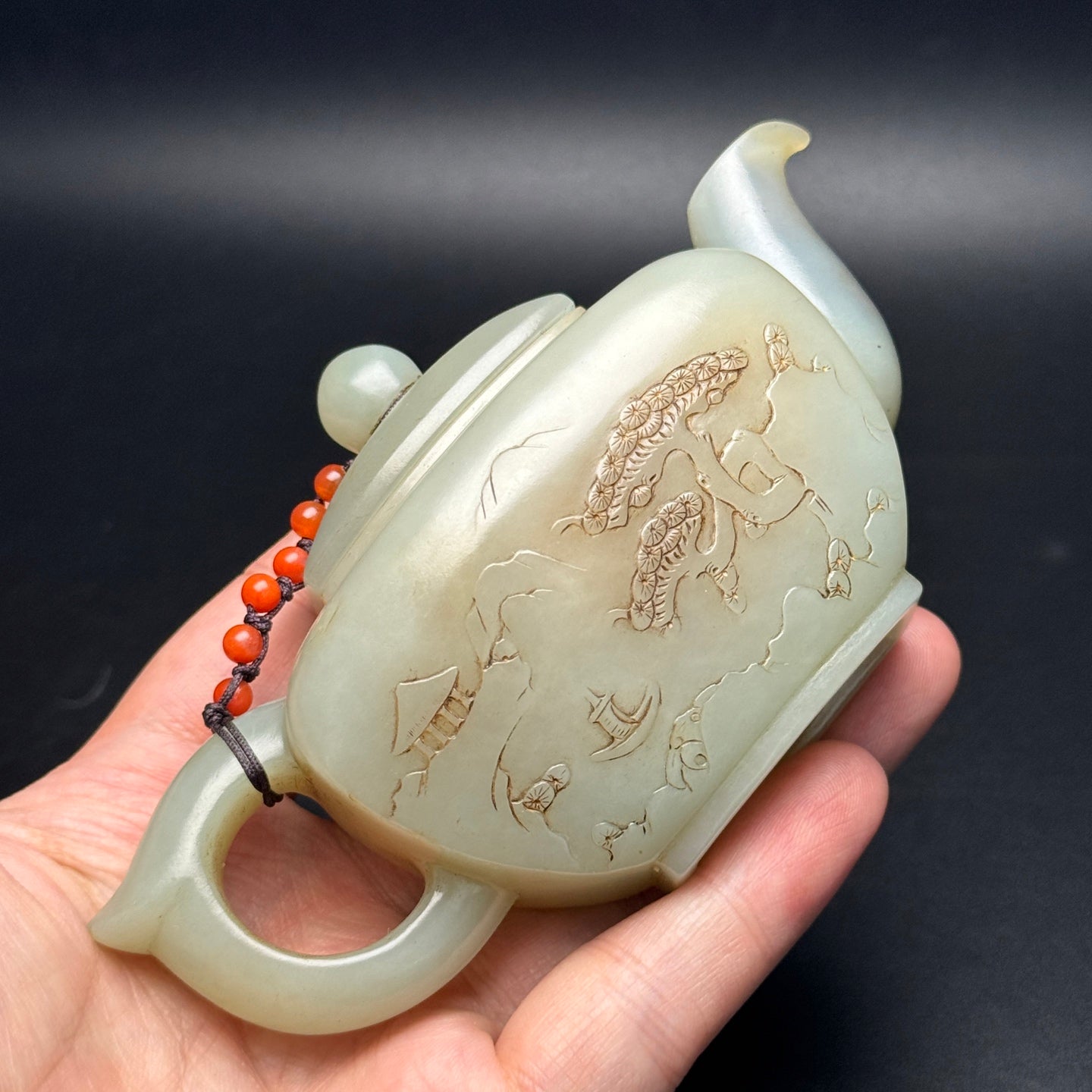A1704 Vintage Chinese Hetian Jade Low Relief Figure Teapot