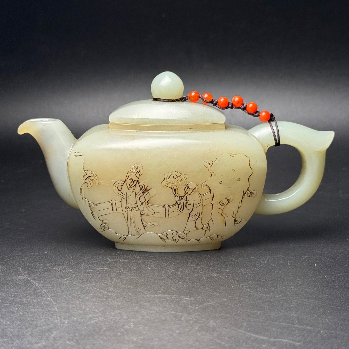 A1704 Vintage Chinese Hetian Jade Low Relief Figure Teapot